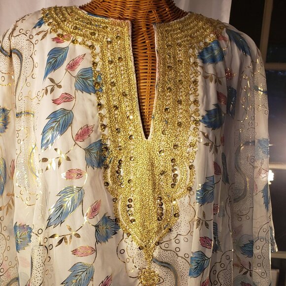 Beaded White Silk Chiffon Caftan, One Size, White/Blue/Gold - Picture 2 of 8